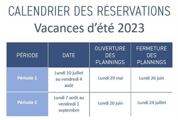 planning réservation été 2023 période