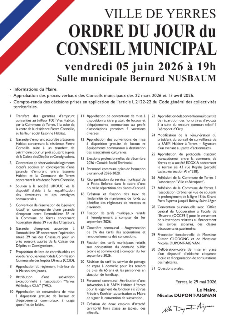 ordre du jour conseil municipal mai 2026 yerres