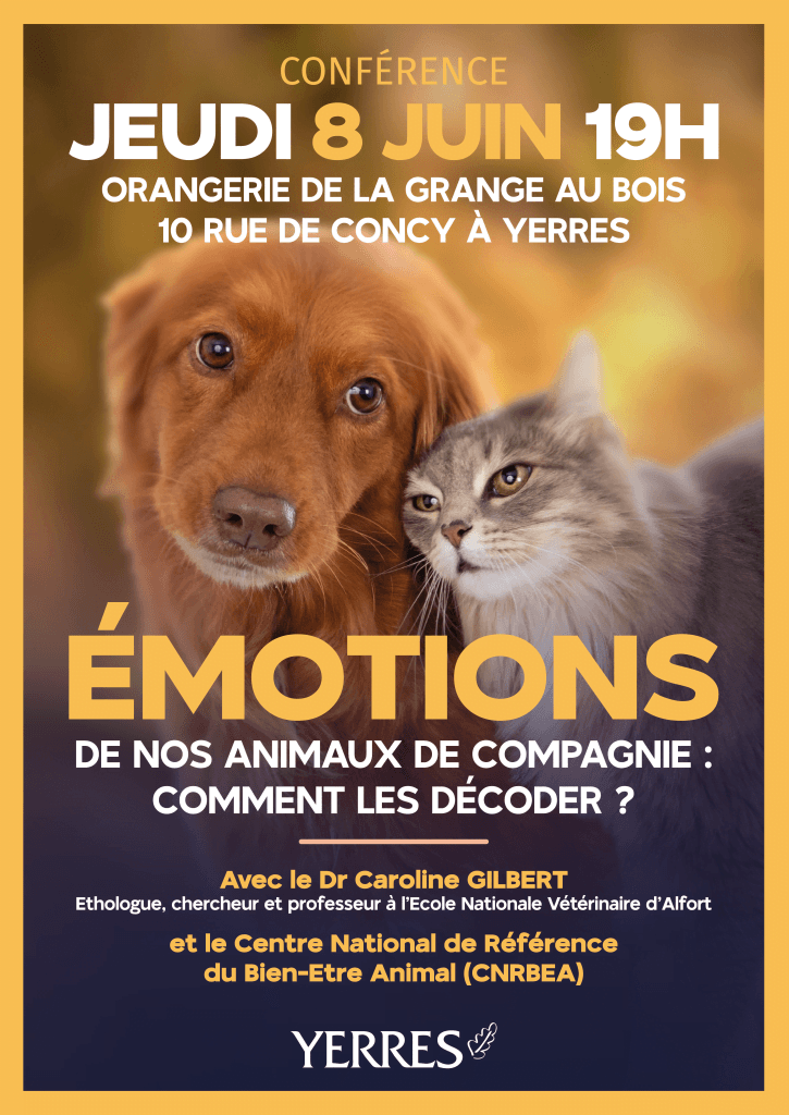 affiche de la conférence sur les émotions des animaux avec un chat et un chien